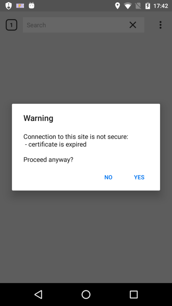 Certificate warning Cliqz for Android