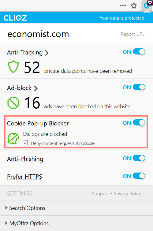 Cookie Pop-up Blocker in Cliqz Control Center